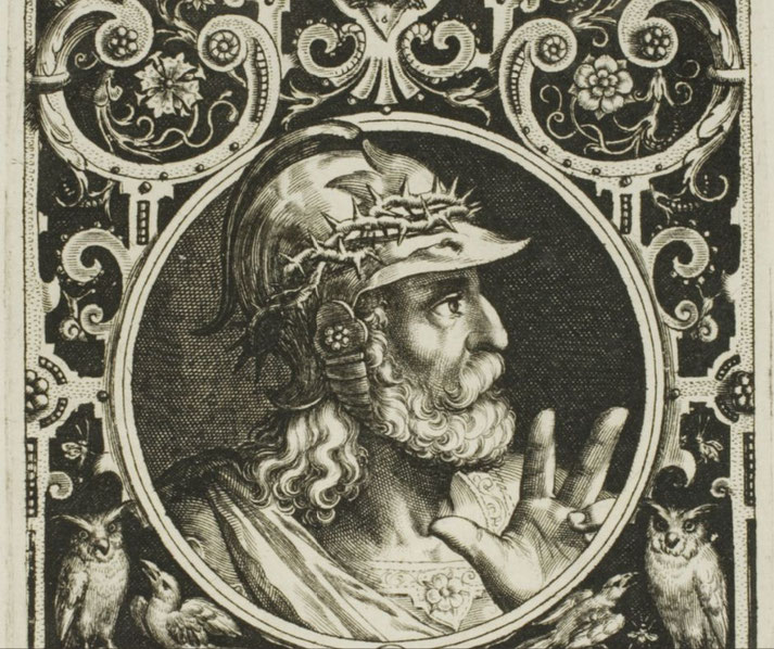 Engraved portrait of a bearded man in a helmet and crown of thorns, gesturing with his hand, surrounded by birds and floral patterns.