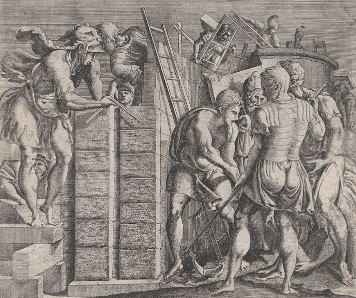 Romulus and Remus building the walls of Rome, with workers and soldiers engaged in construction.