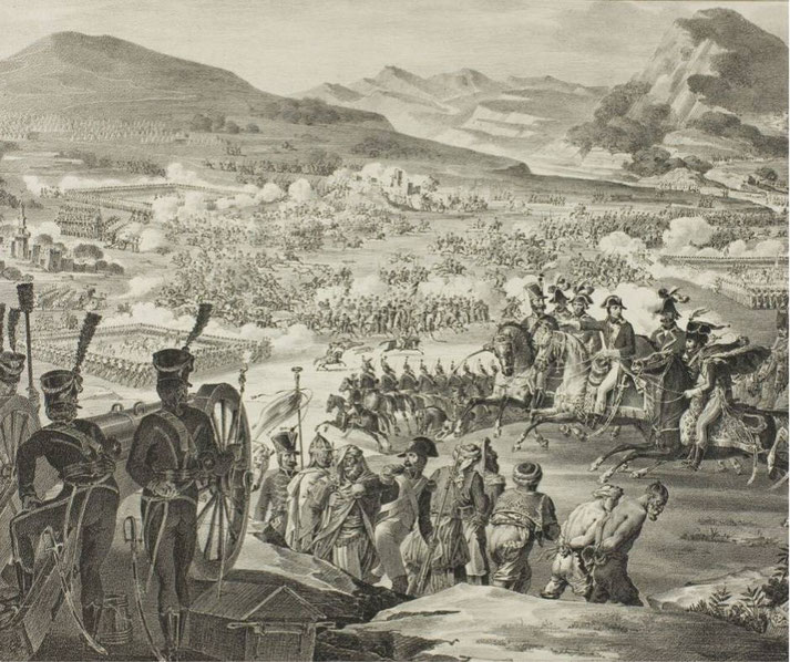 A large-scale battle scene with smoke, cavalry, and infantry clashing. In the foreground, soldiers operate cannons, prisoners are led away, and officers on horseback oversee the fight.