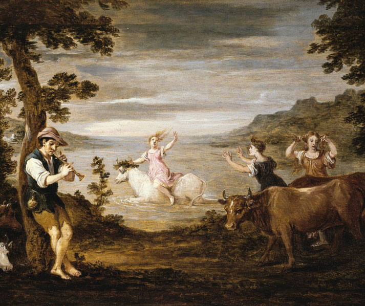 The abduction of Europa by Zeus, who appears as a white bull. Europa, in a pink dress, is carried away across the sea as onlookers react with shock, while a shepherd plays music.