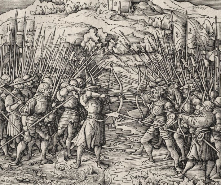Engraving depicts two medieval armies clashing near a river. Soldiers wield pikes, swords, and bows, with banners waving.