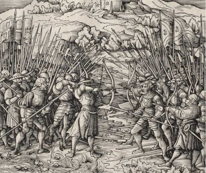 Engraving depicts two medieval armies clashing near a river. Soldiers wield pikes, swords, and bows, with banners waving.