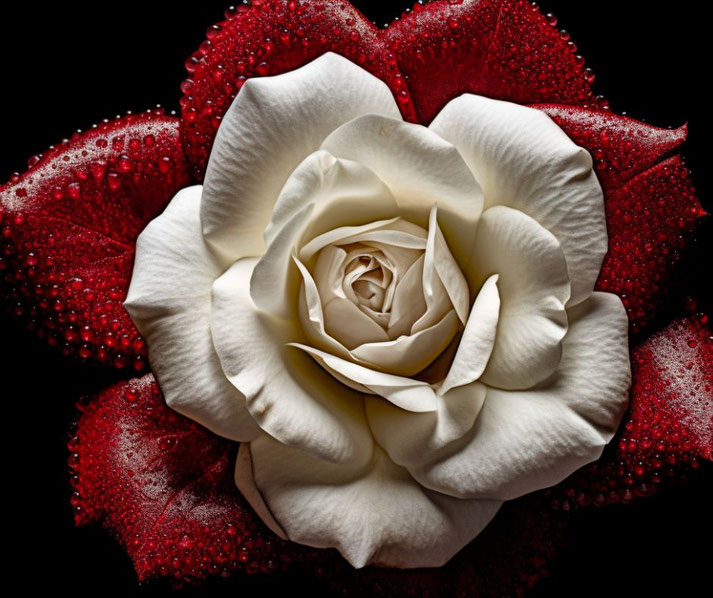 A pristine white rose at the center, surrounded by vibrant red petals covered in sparkling dewdrops, set against a black background for a striking contrast.