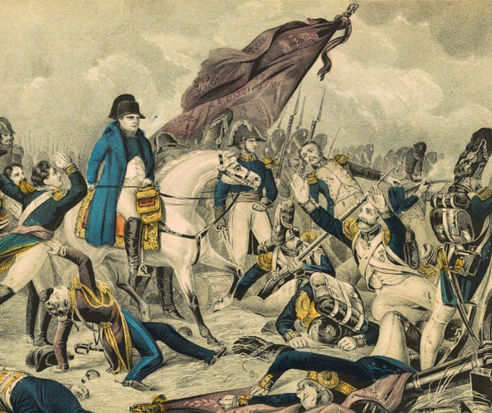 Illustration of a battlefield with Napoleon on horseback amid chaos, wounded soldiers, and raised flags during a Napoleonic War scene.