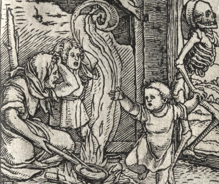 A dark medieval woodcut depicting a skeletal figure, symbolizing death, leading a child away while a distressed mother and another woman react in horror near a fire.