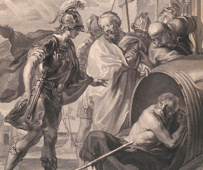 Engraving of an armored soldier addressing an elderly man sitting inside a barrel, surrounded by onlookers in ancient attire.