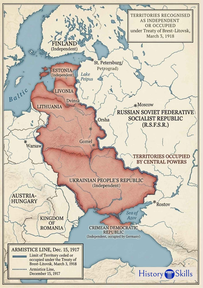 Map illustrating territories recognized as independent or occupied under the Treaty of Brest-Litovsk on 3 March 1918, highlighting lands ceded by Soviet Russia and areas under Central Powers control.