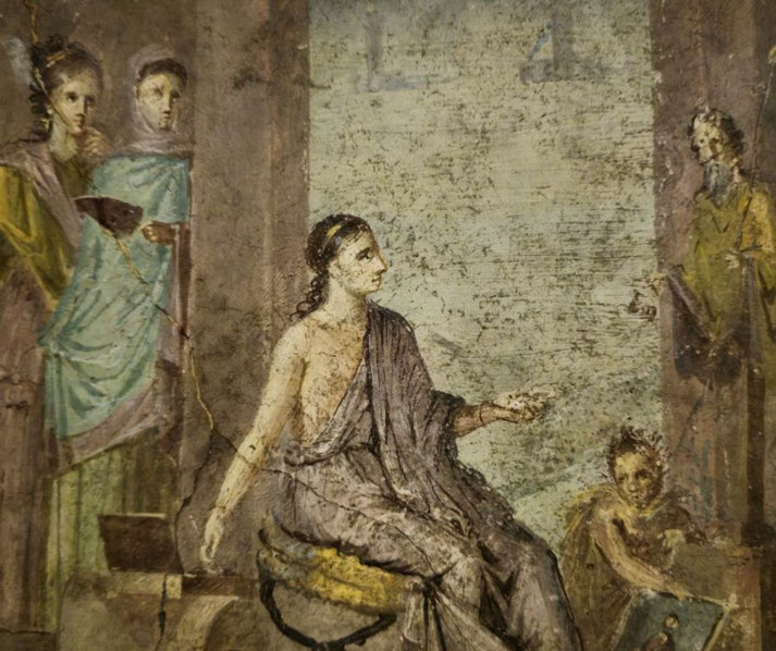 Ancient fresco shows a seated woman in a draped garment gesturing, surrounded by figures, including two women on the left and a man with a scroll on the right.
