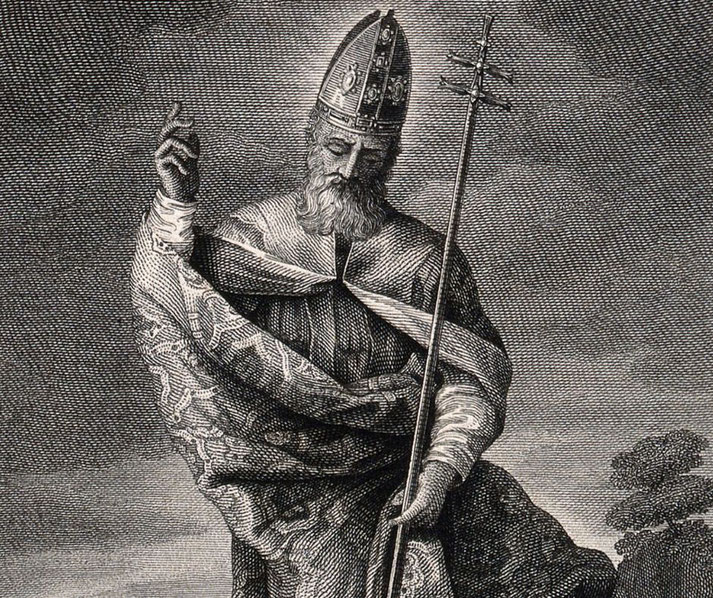 Saint Patrick in ornate bishop robes, holding a crosier and raising his hand in a gesture of blessing. 