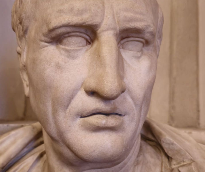 Close-up of a marble bust showing a stern-faced, balding man with deep-set eyes and draped clothing.