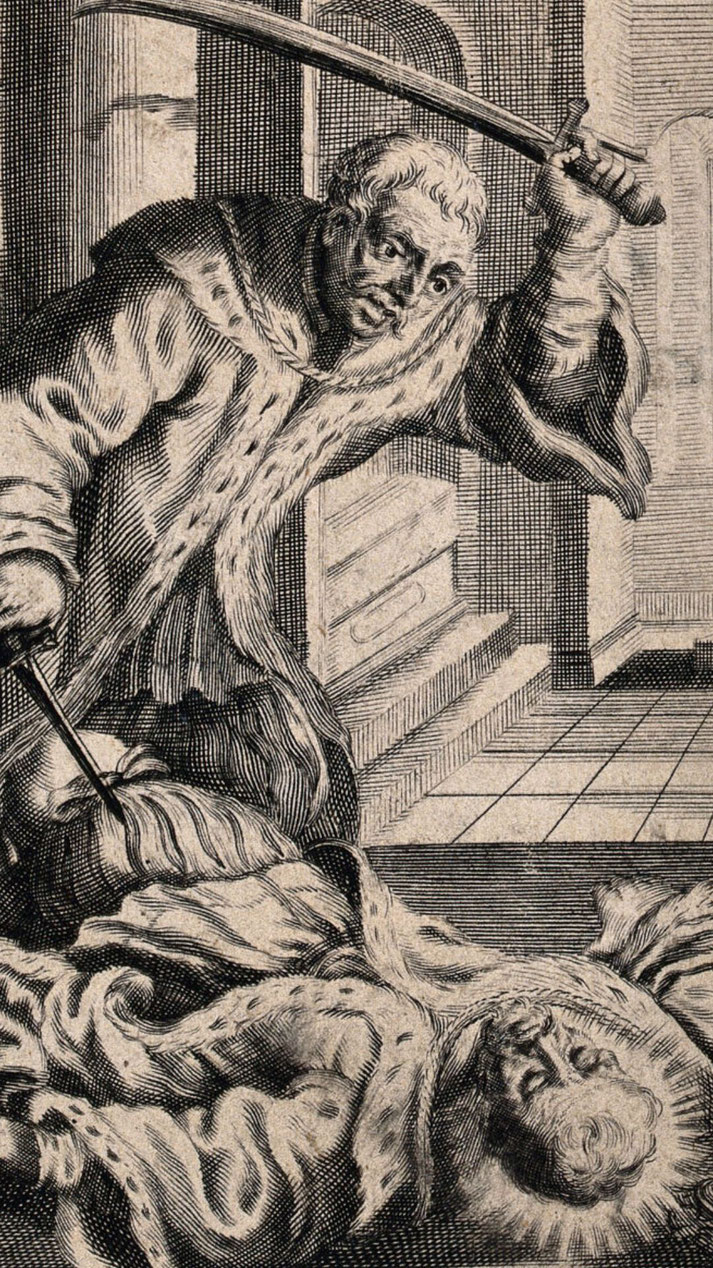 A dramatic black and white engraving shows a man raising a sword over another figure lying on the ground, capturing a tense moment of violence indoors.