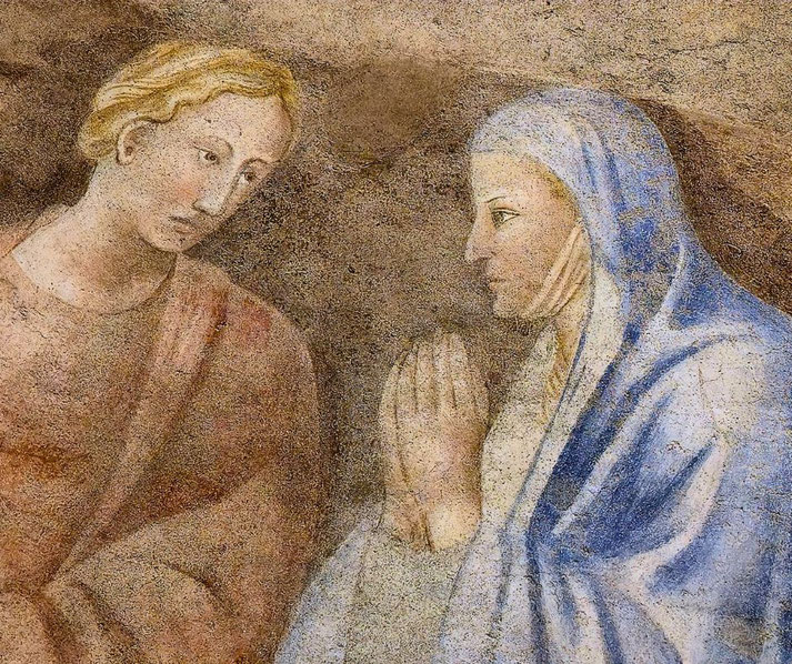 Fresco painting of two figures, one in red and the other in blue with hands clasped in prayer, facing each other against a muted background.