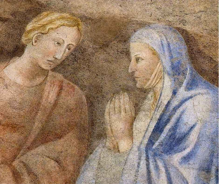 Fresco painting of two figures, one in red and the other in blue with hands clasped in prayer, facing each other against a muted background.