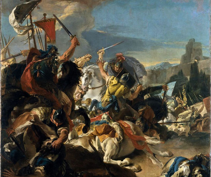 The Battle of Vercellae, where Roman and barbarian forces clash in brutal combat. Warriors on horseback wield swords amid chaos, with banners and fallen soldiers filling the scene.