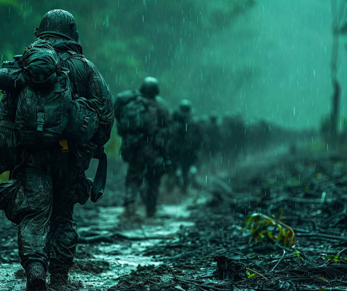 Soldiers in rain and jungle