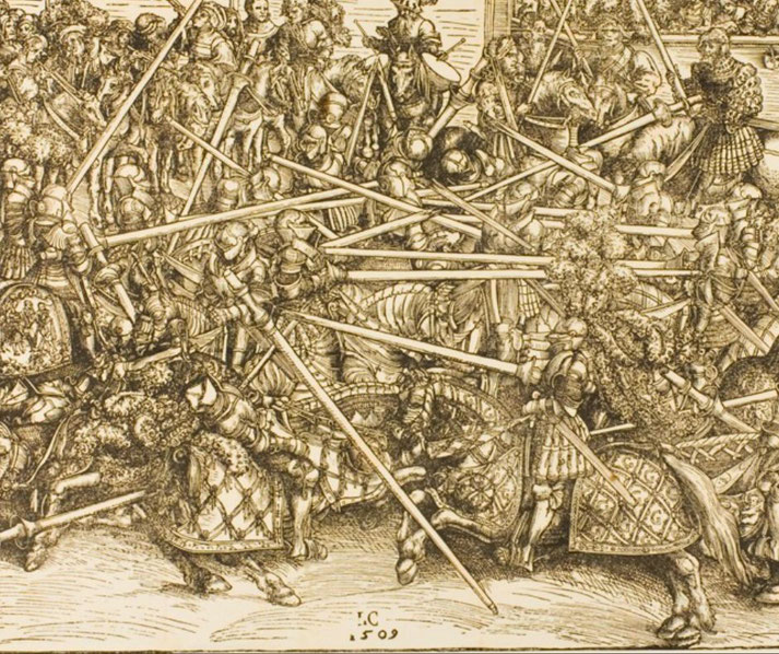 An intense medieval battle with armored knights on horseback, clashing swords and lances in a chaotic melee.