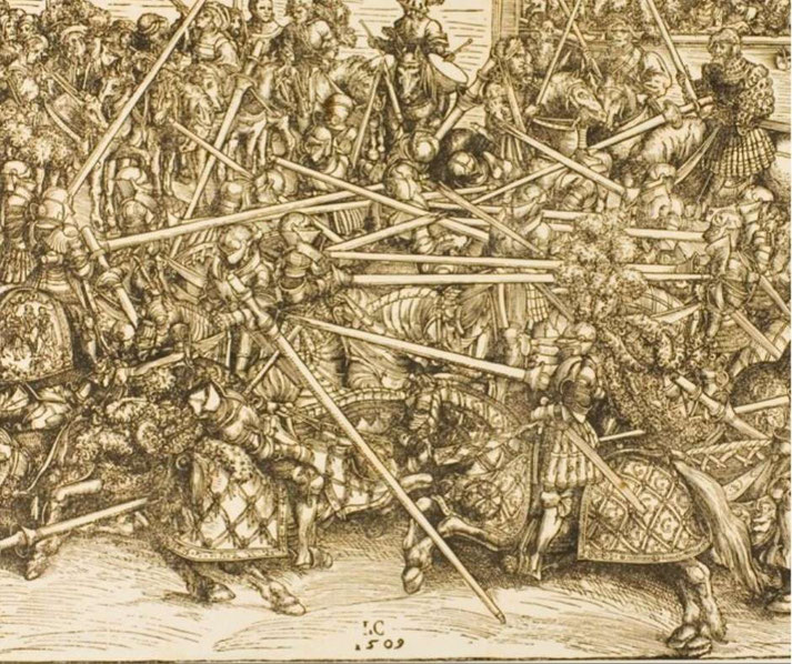 An intense medieval battle with armored knights on horseback, clashing swords and lances in a chaotic melee.