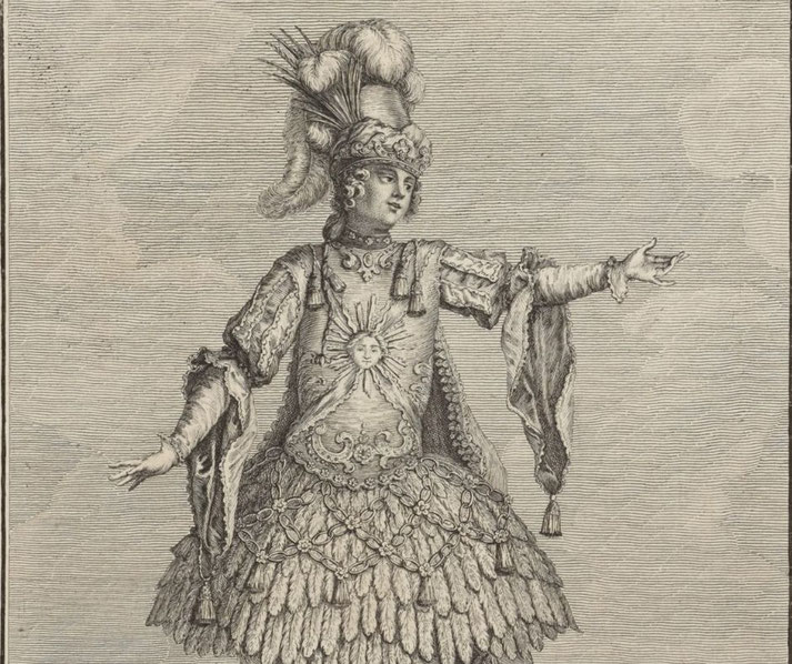 Spanish drawing of an Inca ruler, featuring elaborate attire with a sun emblem on the chest, feathered headdress, and richly decorated garments with intricate patterns.
