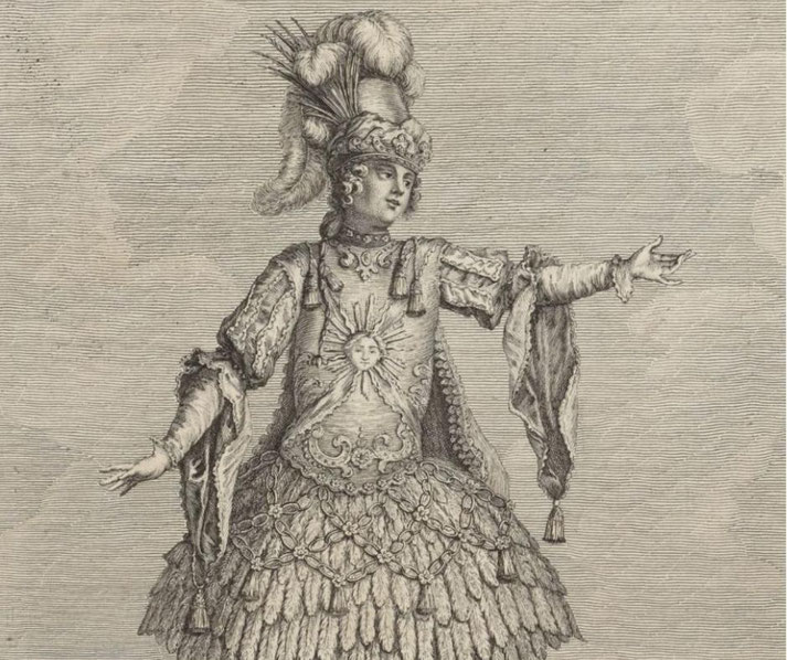 Spanish drawing of an Inca ruler, featuring elaborate attire with a sun emblem on the chest, feathered headdress, and richly decorated garments with intricate patterns.