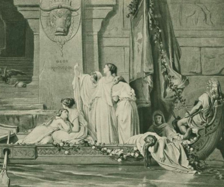 Classical-style illustration of mournful figures in a boat near a temple wall bearing a Minotaur carving and ancient Greek text.