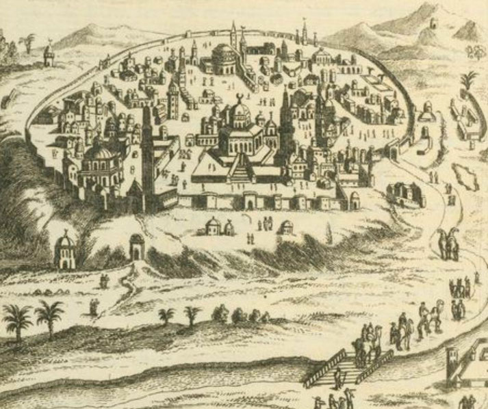 Old engraved map depicting a walled city with domed buildings, surrounding roads, and distant hills with travelers and camels approaching.