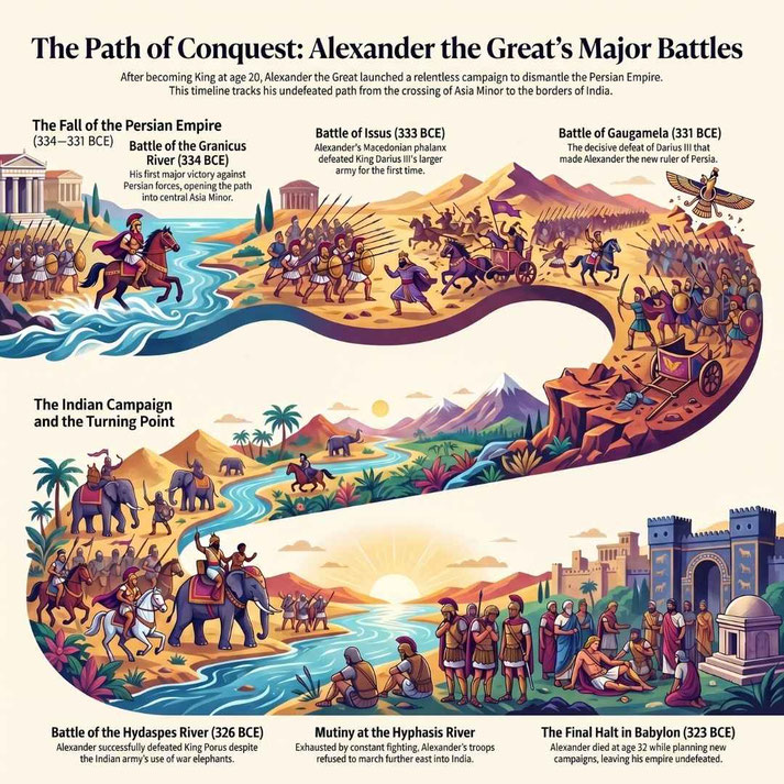 Illustrated timeline of Alexander the Great’s conquests, with labeled battles, marching armies, rivers, elephants, and ancient cities in a colorful historical infographic.