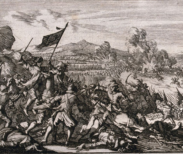 A chaotic battle scene with soldiers fighting fiercely. A man waves a flag, explosions erupt in the distance, and fallen soldiers lie on the ground.