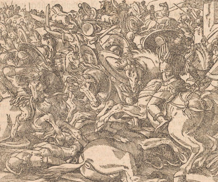 Detailed engraving of a chaotic ancient battle scene featuring armored soldiers on horseback clashing with swords and shields.
