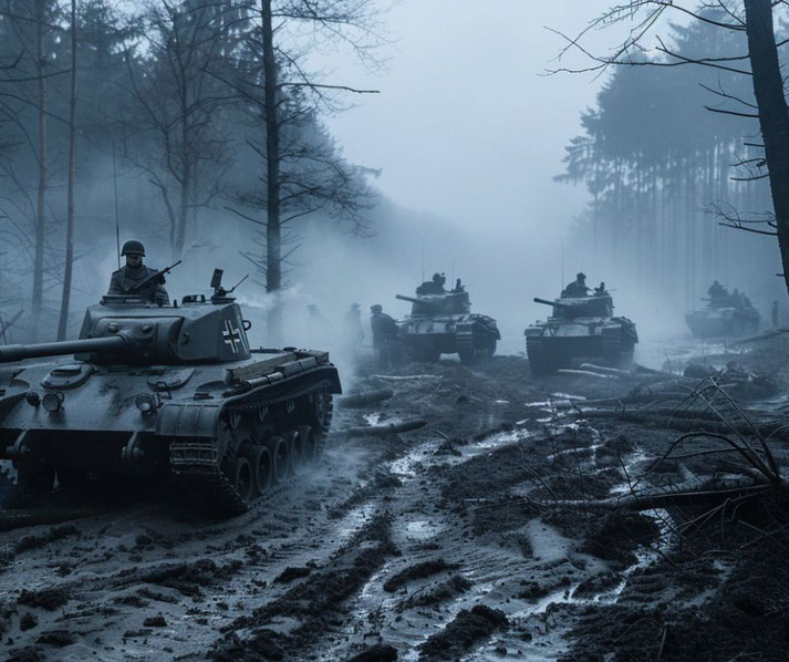 German tanks advancing through the foggy Ardennes forest