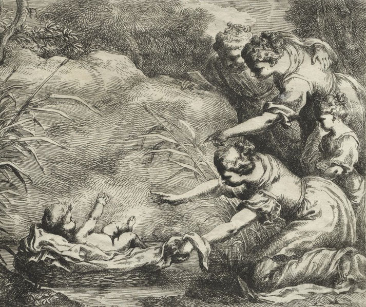 An Italian Baroque etching by Bartolomeo Biscaino depicting infant Moses discovered among reeds while bathing in the Nile.