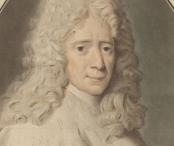 A vintage portrait of a man with long, curly, light-colored hair, wearing a high-collared garment. His expression is calm yet slightly concerned, with wide eyes and a faint, reserved smile.