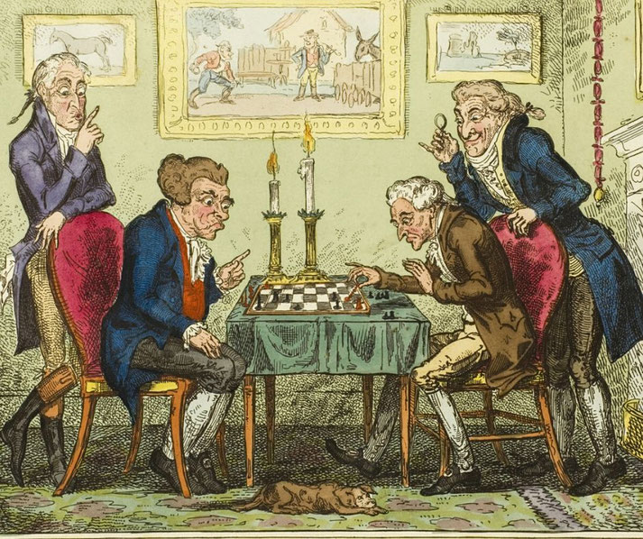 Vintage illustration of four men in 18th-century attire gathered around a chess game, with expressive faces and a dog lying under the table.