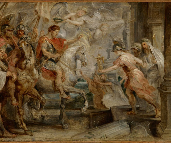 Dramatic painting of a Roman general on horseback receiving a statue, surrounded by soldiers, citizens, and floating angelic figures.