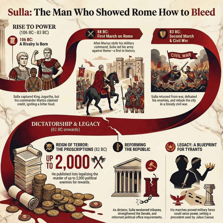 Sulla rose from rivalries and civil war to seize Rome twice, executed thousands, and reformed power, leaving a brutal legacy copied by future tyrants.