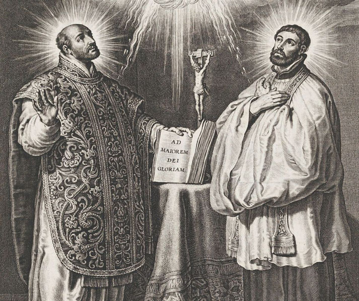 An engraving of Saint Ignatius of Loyola and Saint Francis Xavier, both with radiant halos, standing before a crucifix and an open book.