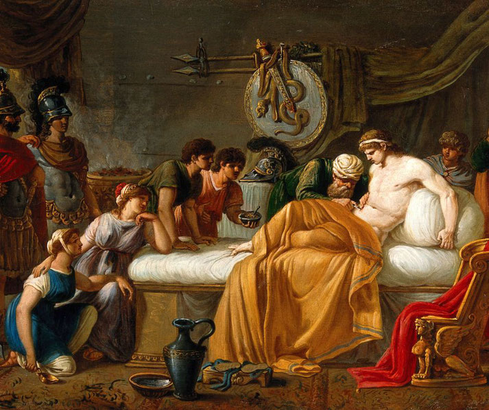 Classical painting of a wounded man being treated on a bed, surrounded by concerned figures, armor, and rich drapery in a tent-like setting.