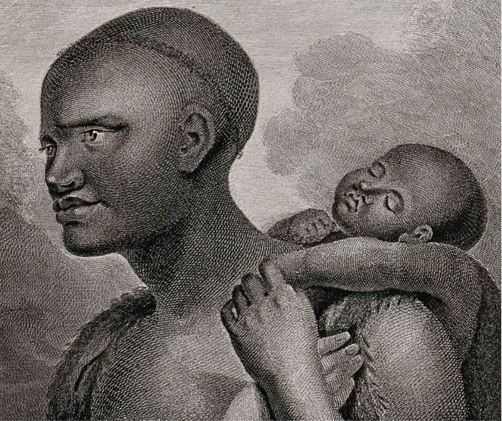 An engraved portrait features a woman with short, textured hair carrying a sleeping baby on her back.