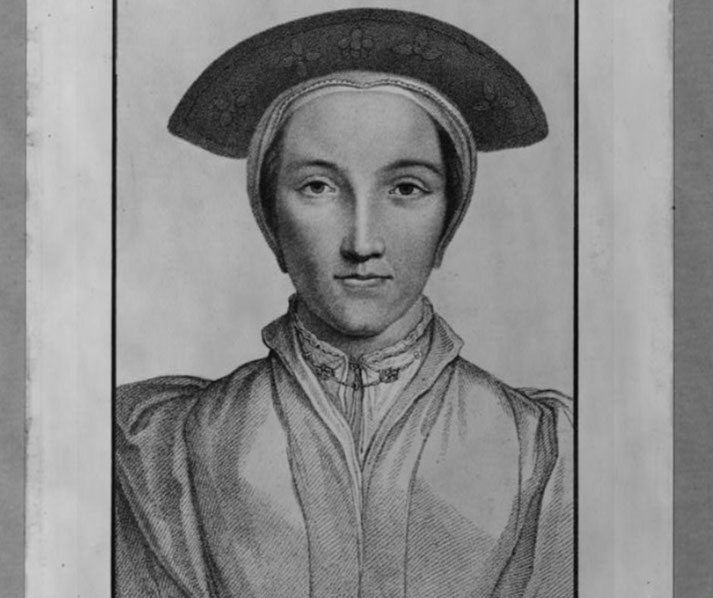 A black and white historical portrait of a woman in Tudor-era attire. She wears a simple, structured gown with a high collar, a decorative necklace.