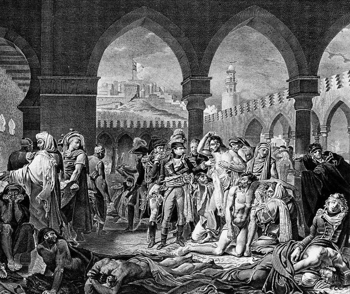Napoleon stands among plague victims in a Middle Eastern hospital, touching a sick man while officers and locals react with concern and reverence.