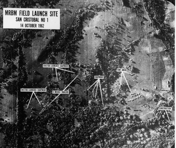 Aerial reconnaissance photo shows labeled missile launch site equipment and trailers in Cuba during the Cuban Missile Crisis, dated October 14, 1962.