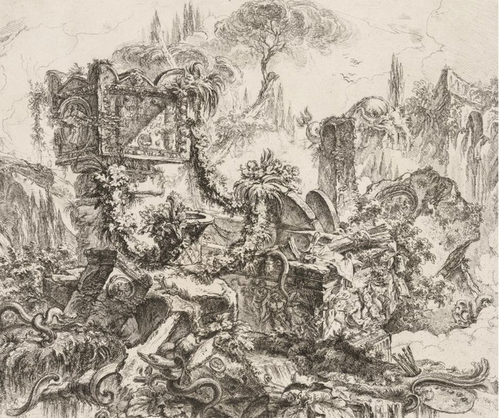 Etching showing an overgrown ancient tomb with snakes and dense vegetation, inspired by a real Roman ruin once linked to Emperor Nero.