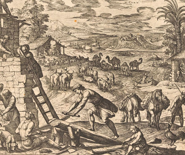 A n intricate historical engraving depicting a Bronze Age scene with people building, farming, herding animals, and trading. Camels, boats, and a fortified city are visible in the background.