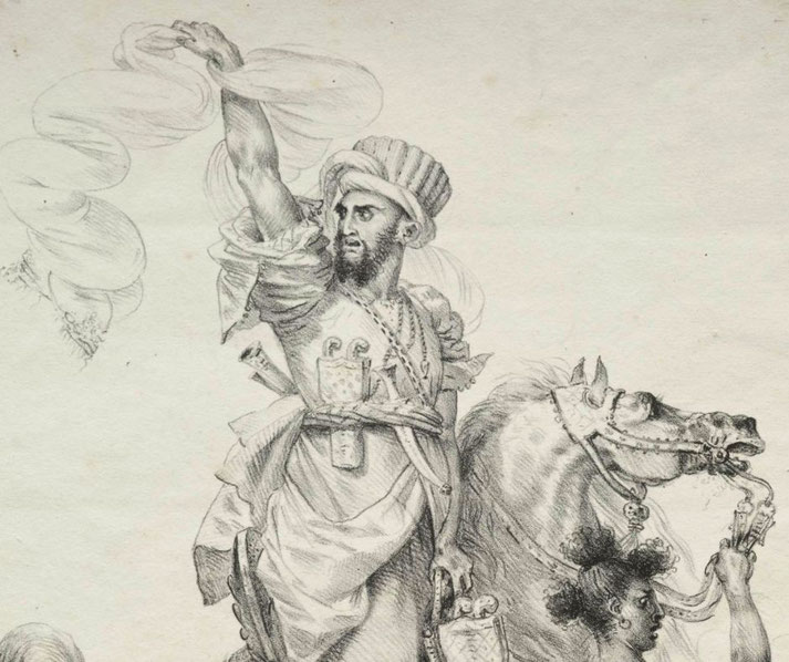 A Mameluke leader on horseback gestures urgently during Napoleon's Egyptian campaign, depicted in a dynamic lithograph by Antoine-Jean Gros.