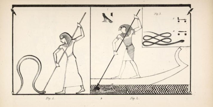 Horus defeating Apep, the chaos serpent, using a spear. One figure appears human, while the other has a falcon head, symbolizing divine power overcoming evil in ancient Egyptian mythology.
