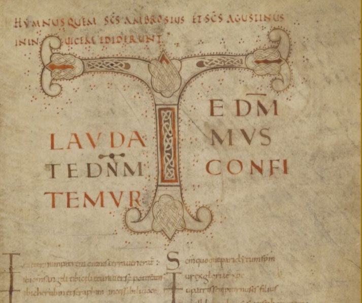 Illuminated manuscript leaf showing a seated king playing a harp, surrounded by decorative initials and marginal figures.