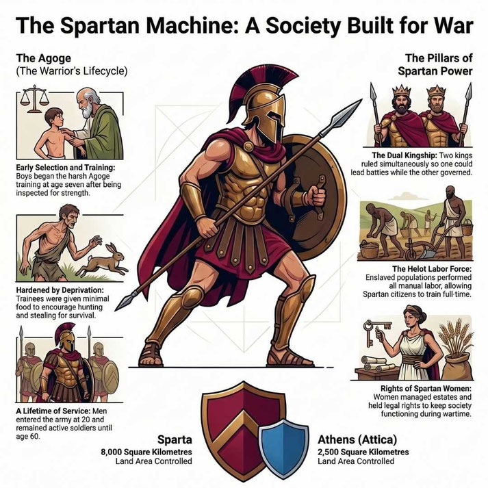 Illustrated infographic of a Spartan warrior with shield and spear, explaining Spartan training, society structure, helot labor, dual kingship, and lifelong military service.