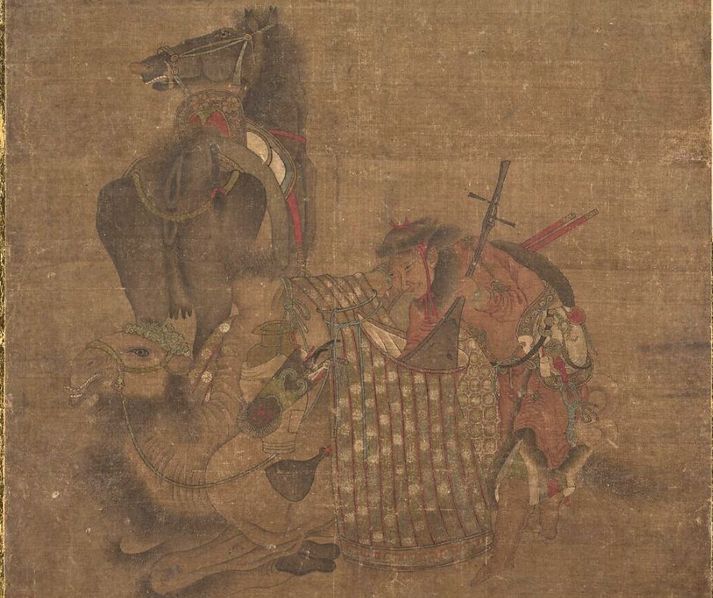 An ancient painting on a worn canvas depicts a warrior in fur-lined armor riding a camel, holding a large shield.