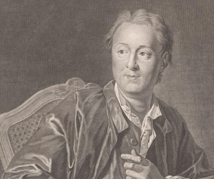 A black-and-white engraving of a man in 18th-century attire, seated in a chair. He wears a loose coat over a buttoned shirt and gazes to the side with a thoughtful expression, pointing with one hand.
