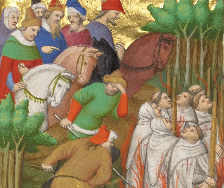 Depicts the execution of Templars by fire before King Philip IV and his court, illustrating a pivotal moment in medieval history.