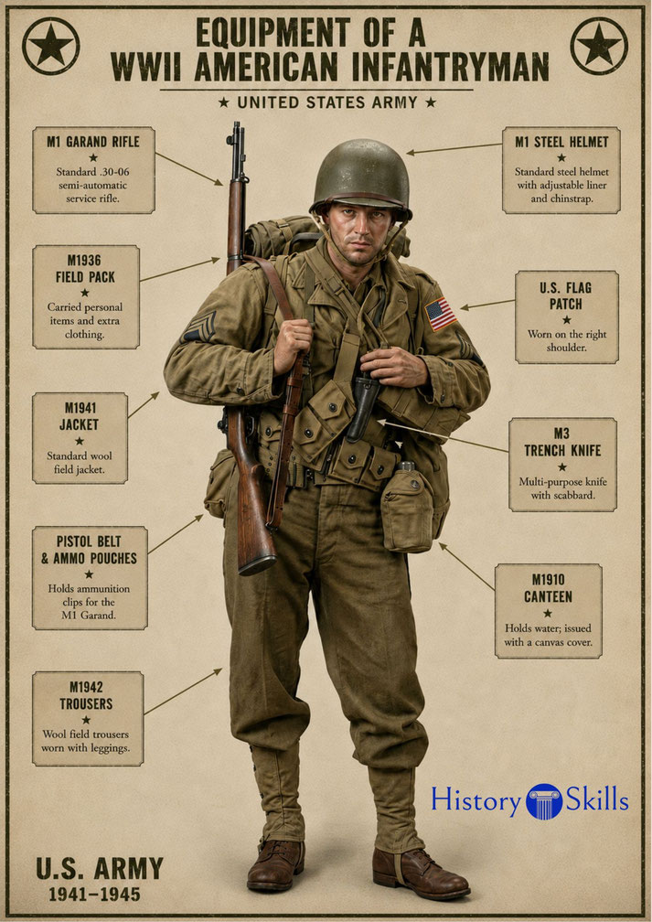 WWII U.S. Army infantryman in field uniform with M1 Garand rifle, helmet, pack, canteen, ammunition pouches, and trench knife, presented in a labeled equipment guide.